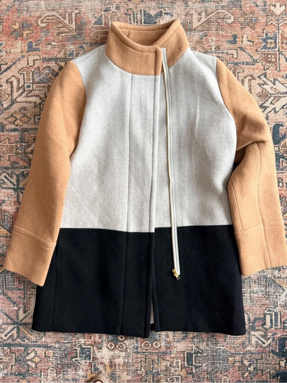 J. Crew Factory Colorblock City Coat in Camel, Light Gray & Black